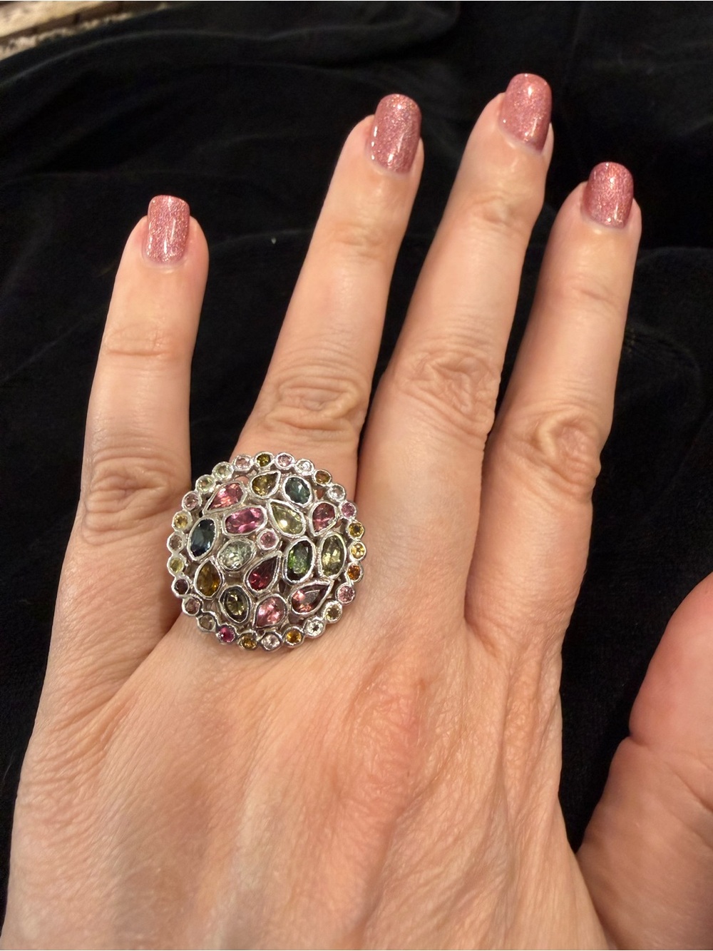 Multicolor Tourmaline Cluster Sterling Silver Ring, size 6